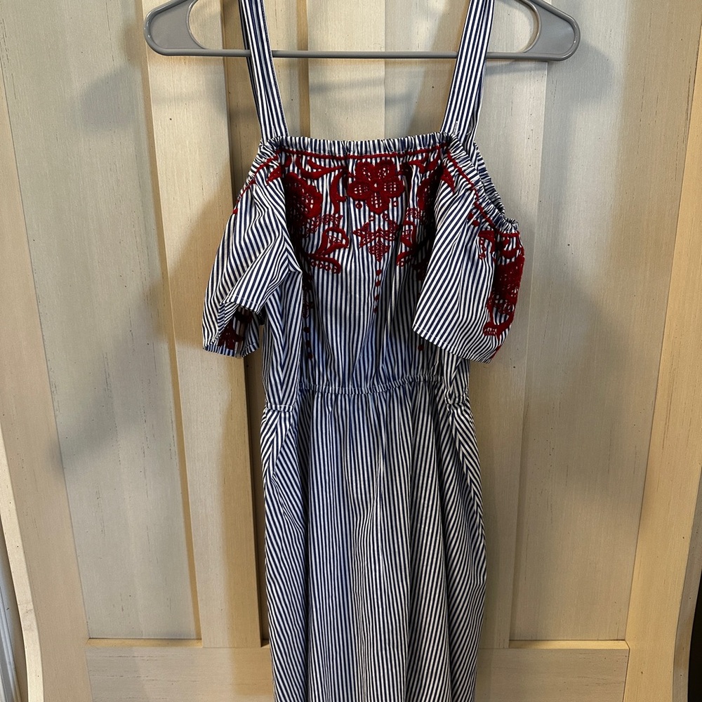 Miami Blue and White Striped Top with Red Lace